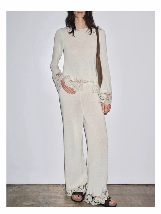 Zara Tops - Zara NWT Ivory Lace Trim Knit Matching Set, Shirt and Pant, Large